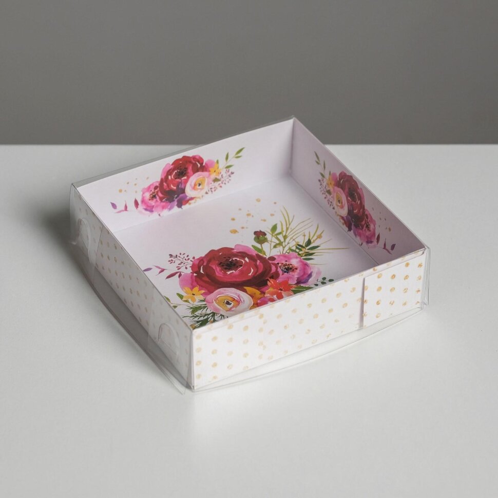 Коробка для макарун с PVC крышкой «Цветы», 12 х 12 х 3 см.(Китай)(9763)
