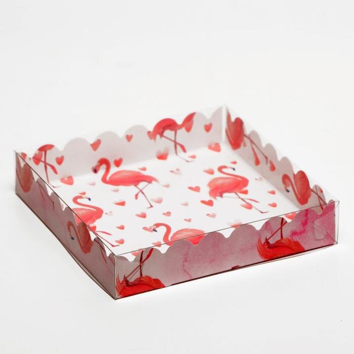 Коробочка для печенья с PVC крышкой, "Фламинго", белый, 15 х 15 х 3 см.(Россия)(0484)