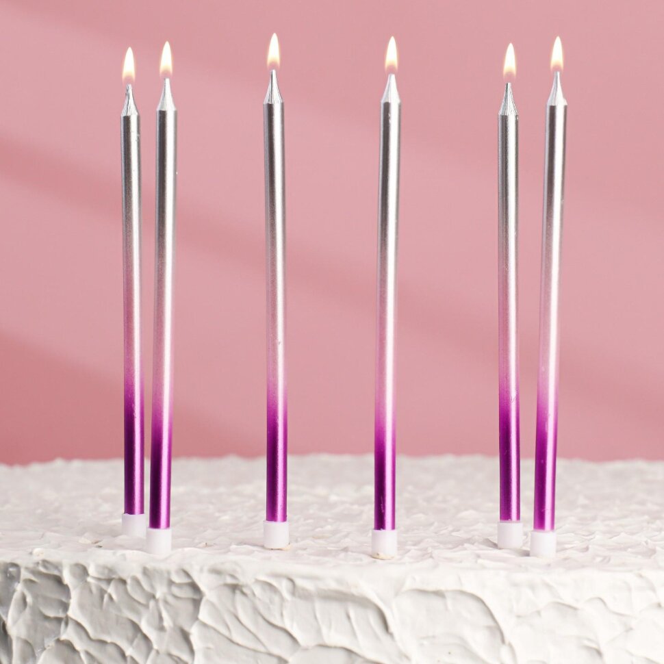 Свечи в торт "Ройс. Градиент", 6 шт,13 см, фиолетовый, розовый, серебро.(Китай)(0040)