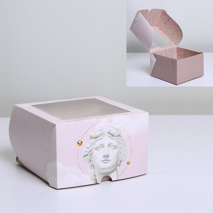 Коробка для бенто-торта с двусторонним нанесением "Вдохновляй" 16*16*10 см.(Китай)(1171)