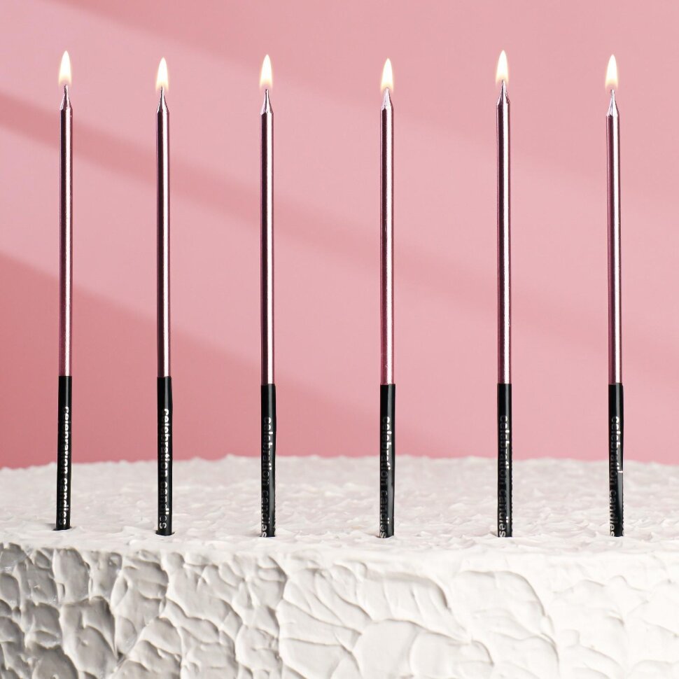 Свечи в торт "Праздник", 6 шт, 16 см, розовый с чёрным.(Китай)(2209)